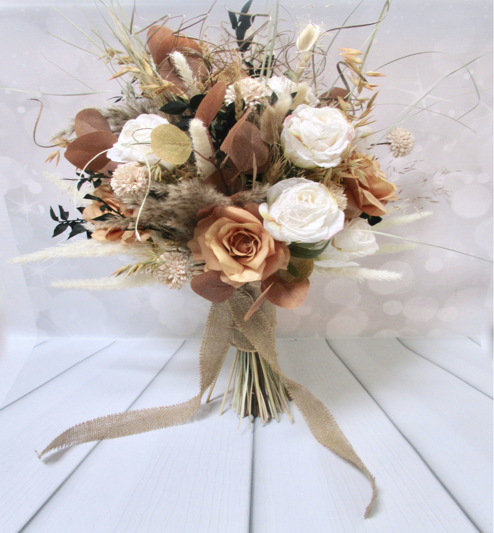 Nude & Golden Tones - Dried/Preserved/silk Flower Mix Wedding Bouquet